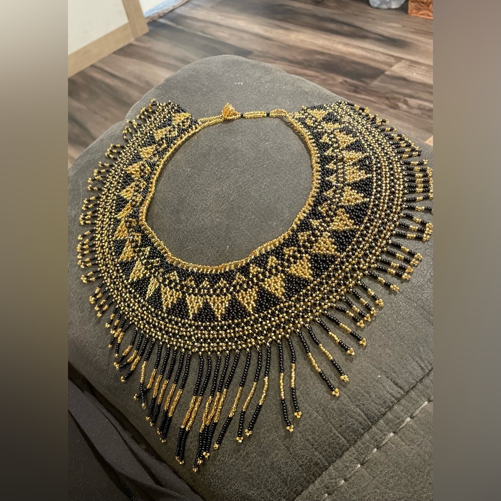 Vintage unique Black and Gold glass, bead bib necklace
